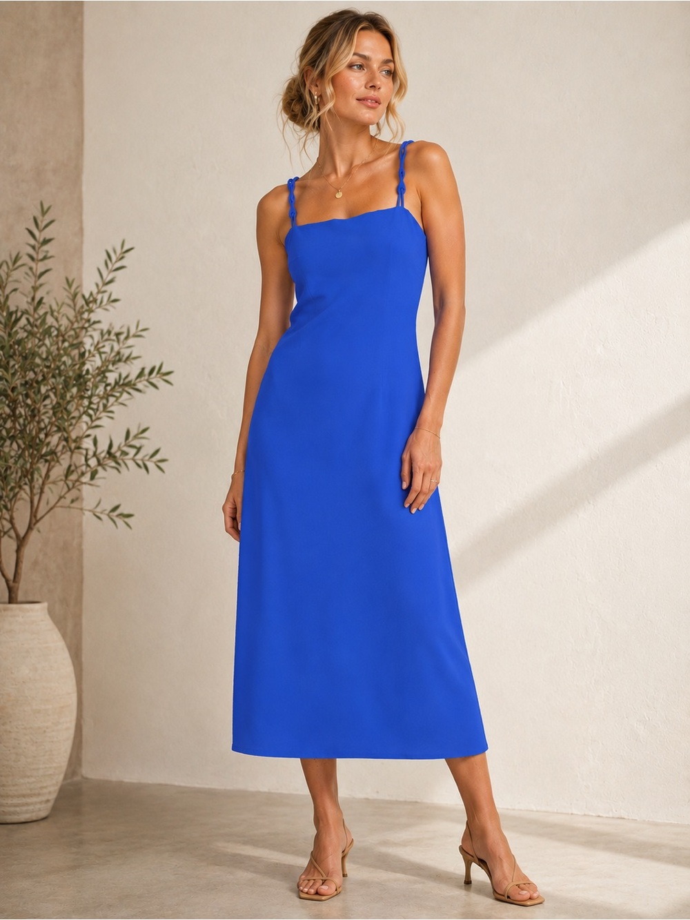 Antonio Melani Sleek Royal Blue Midi Slip Dress with Braided Straps